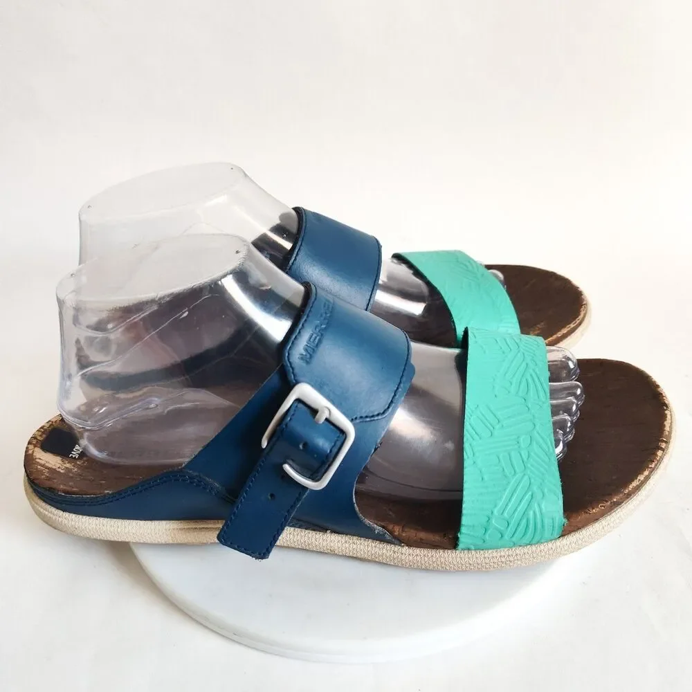 Merrell‎ Comfort Sandals Womens 10 Poseidon Blue Teal Leather Slip On Strappy